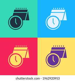 Pop art Calendar and clock icon isolated on color background. Schedule, appointment, organizer, timesheet, time management.  Vector