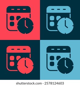 Pop art Calendar and clock icon isolated on color background. Schedule, appointment, organizer, timesheet, time management.  Vector