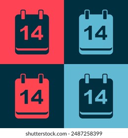 Pop art Calendar with February 14 icon isolated on color background. Valentines day. Love symbol.  Vector