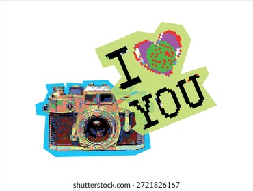 Cámara Pop del arte con el corazón de Glitch y el mensaje de 'te amo'	