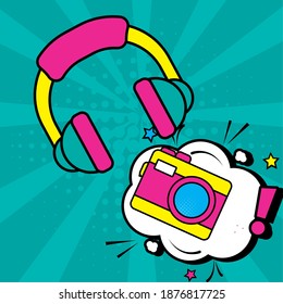 cámara de arte pop y diseño de auriculares con el tema cómico de la expresión retro Ilustración vectorial