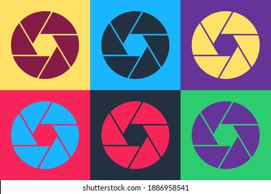 Pop art Camera shutter icon isolated on color background. Vector.