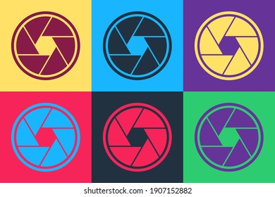 Pop art Camera shutter icon isolated on color background. Vector.
