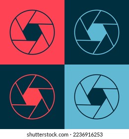 Pop art Camera shutter icon isolated on color background.  Vector