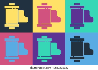 Pop art Camera vintage film roll cartridge icon isolated on color background. 35mm film canister. Filmstrip photographer equipment.  Vector Illustration