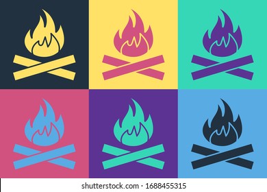 Pop art Campfire icon isolated on color background. Burning bonfire with wood.  Vector Illustration
