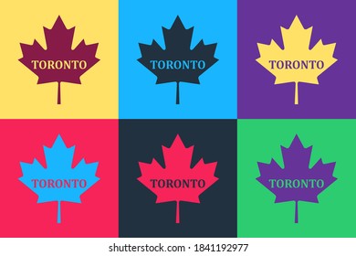 Pop art Canadian maple leaf with city name Toronto icons isolated on color background. Vector.