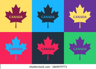 Pop art Canadian maple leaf with city name Canada icon isolated on color background. Vector.