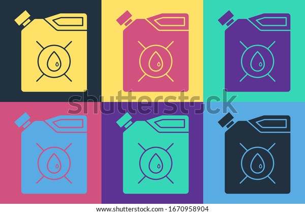 Pop art Canister for motor\
machine oil icon isolated on color background. Oil gallon. Oil\
change service and repair. Engine oil sign.  Vector\
Illustration