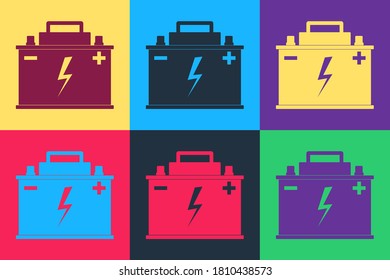 Pop art Car battery icon isolated on color background. Accumulator battery energy power and electricity accumulator battery. Lightning bolt symbol. Vector.
