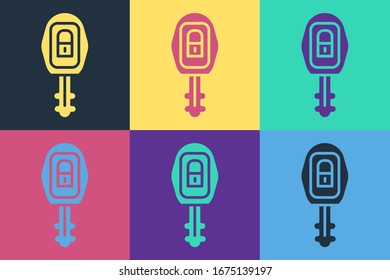 Pop art Car key with remote icon isolated on color background. Car key and alarm system.  Vector Illustration