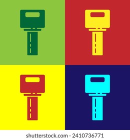 Pop art Car key with remote icon isolated on color background. Car key and alarm system.  Vector