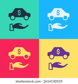 Pop art Car rental icon isolated on color background. Rent a car sign. Key with car. Concept for automobile repair service.  Vector
