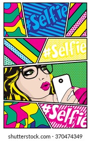 Ilustración de vectores de tarjetas de arte pop. Mujer con lentes 