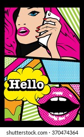 Pop art Card Vector Illustration. Woman with Phone & Hello bubble sign.