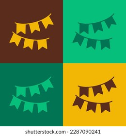 Pop art Carnival garland with flags icon isolated on color background. Party pennants for birthday celebration, festival decoration.  Vector