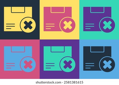 Pop art Carton cardboard box and delete icon isolated on color background. Box, package, parcel sign. Delivery and packaging.  Vector Illustration