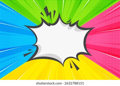 Plano de fundo de desenho animado da Pop Art. História em quadrinhos vetor super-herói pano de fundo com efeito retro starburst. Comparar modelo com quadro de balão de fala. Cartaz vintage versus abstrato com raios radiais e meio-tom