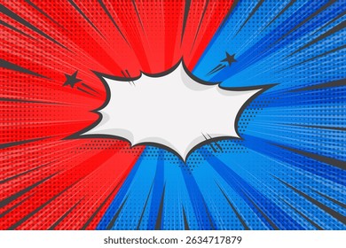 Fondo de dibujos animados de arte Pop. Fondo de Vector de superhéroe de cómic con efecto retro starburst. Compare la Plantilla con el marco de la burbuja del discurso. Vintage azul y rojo versus cartel abstracto con rayos radiales