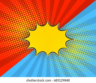 Pop art cartoon background, vector illustration. Red, blue rays, yellow dots, explosion bubble half tone vintage style.