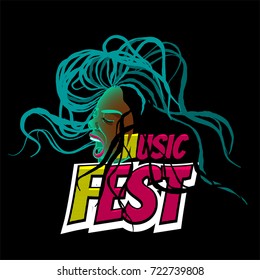 Pop art cartoon black african american woman screaming. Vector dreadlock comic logo. Music festival banner illustration. Wow open mouth. Comics neon color disco text. Printable crazy emotion label.
