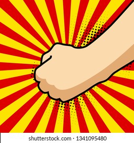 A pop art cartoon comics poster with fist and explosion bubble on comic background.