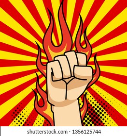 A pop art cartoon comics poster with fist and explosion bubble on comic background.