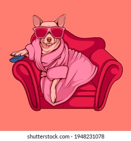 Pop art cartoon dog sitting, holding remote, and watching tv. Chilling in a pink suit. Vector colorful illustration in retro comic style.