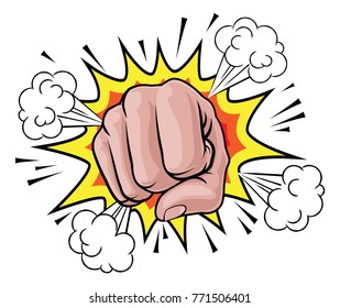 A pop art cartoon fist hand with a comic book crash explosion graphic