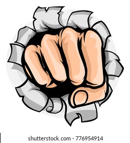 A pop art cartoon fist punching a hole in the background