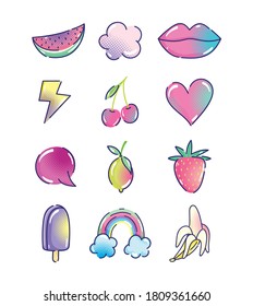 pop art cartoon, halftone fashion retro fruits mouth heart rainbow ice cream icons vector illustration