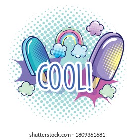 pop art cartoon, ice cream in sticks rainbow fashion, comic halftone design