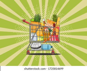 Pop art cartoon illustration of full market cart of different products, isolated on green background with lights and halftone