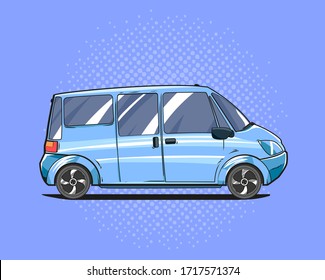Pop art cartoon illustration of minivan, family big car for shopping svg