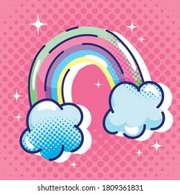 pop art cartoon, rainbow clouds dream fantasy comic halftone design vector illustration