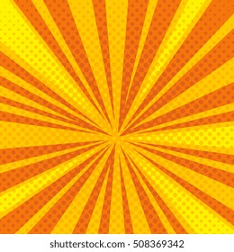 Pop Art Cartoon Retro Blast, Sunburst Vector Background With Halftone Dotted Texture. Bright Light Strip Beam Cartoon Illustration