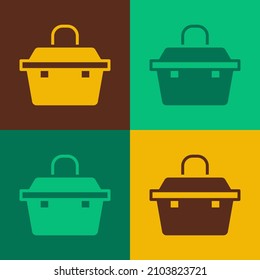 Pop art Case or box container for wobbler and gear fishing equipment icon isolated on color background. Fishing tackle.  Vector