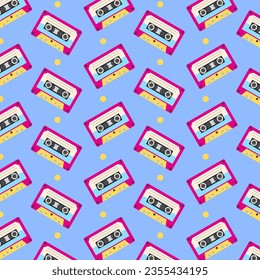 Pop Art Cassette Pattern For Textile Design. 90s Vector Flat Style Illustration