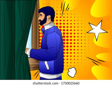 Pop Art casual Man at window, comic book style, cartoon man looking out on a window.