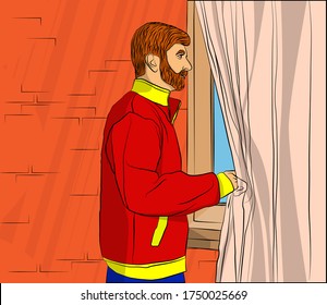 Pop Art casual Man at window, comic book style, cartoon man looking out on a window.