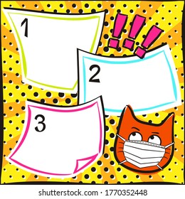 Pop art Cat emoji in a protective mask with speech bubble. Template for a poster or banner for social media post template. Vector illustration on the theme quarantine, medicine, safety, health.