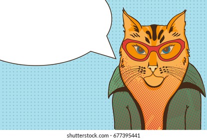 Pop art cat face in glasses. Comic cat with speech bubble. Vector illustration. Retro style.
