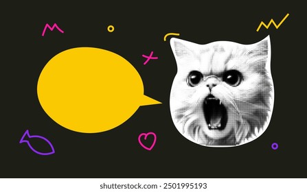 Pop art cat halftone illustration speech bubble. Angry cat face halftone pattern animal design retro cartoon poster