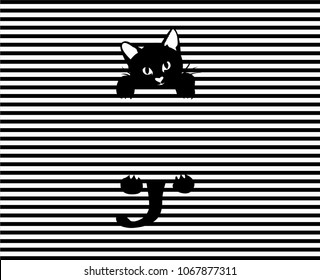 Pop art cat. Striped background. Vector illustration.