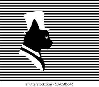 Pop art cat. Striped background. Vector illustration.
