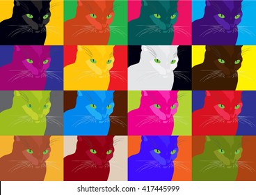 Pop Art Cats.Crazy Vector Pop Art Cats Poster.Colorful Cats Illustration.