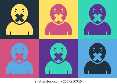 Pop art Censor and freedom of speech concept icon isolated on color background. Media prisoner and human rights concept. Tied mouth.  Vector