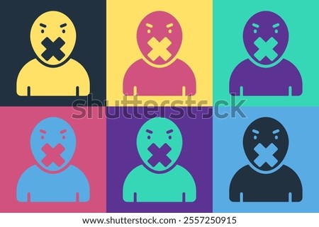 Pop art Censor and freedom of speech concept icon isolated on color background. Media prisoner and human rights concept. Tied mouth.  Vector