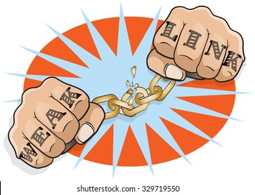 Pop Art Chained Fists Weak Link Tattoo. Great illustration of Pop Art Chained Fists with Weak Link Tattoo breaking free from the shackles of imprisonment in an act of defiance and redemption.