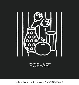 Pop art chalk white icon on black background. Contemporary cultural movement. Modern painting in popular style. Abstract still life drawing. Isolated vector chalkboard illustration